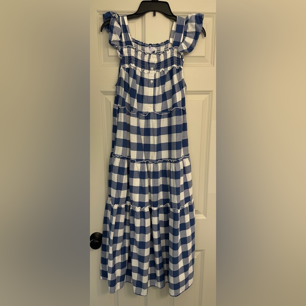 Blue and white checkered tiered maxi dress.